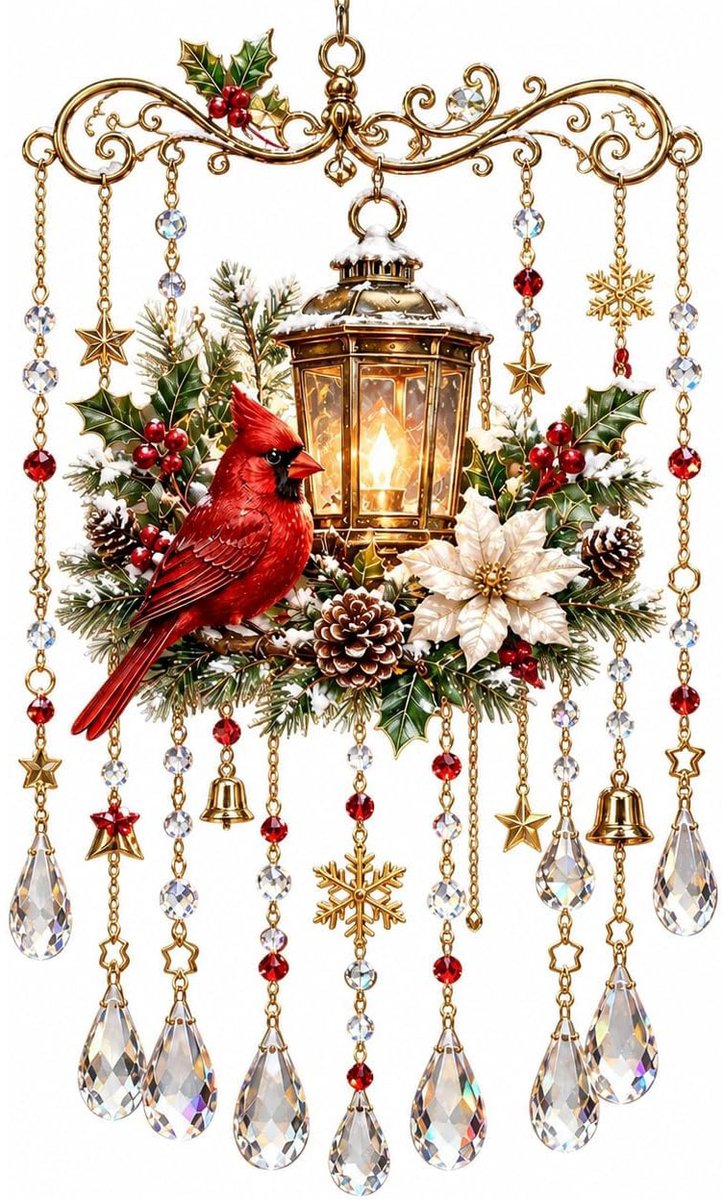 Casalora® Kerst-zonnevanger met windgong – Raamhanger in glas-in-loodstijl – Plat 2D-ornament van acryl – Woondecoratie – Decoratief cadeau voor herfst/winter – Geschikt voor binnen en buiten – Rood