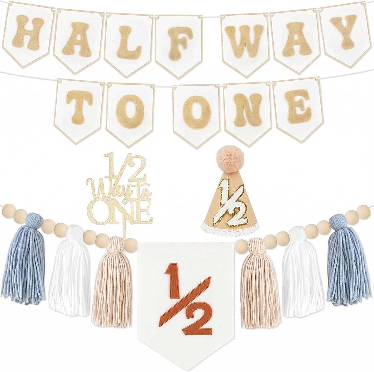 Versiering Halverwege Naar Één Slingervlagtaart Topkwast Houten Kralen Stoel Banner Hoed Voor Jongens En Meisjes 6 Maanden Verjaardagsdecoratie
