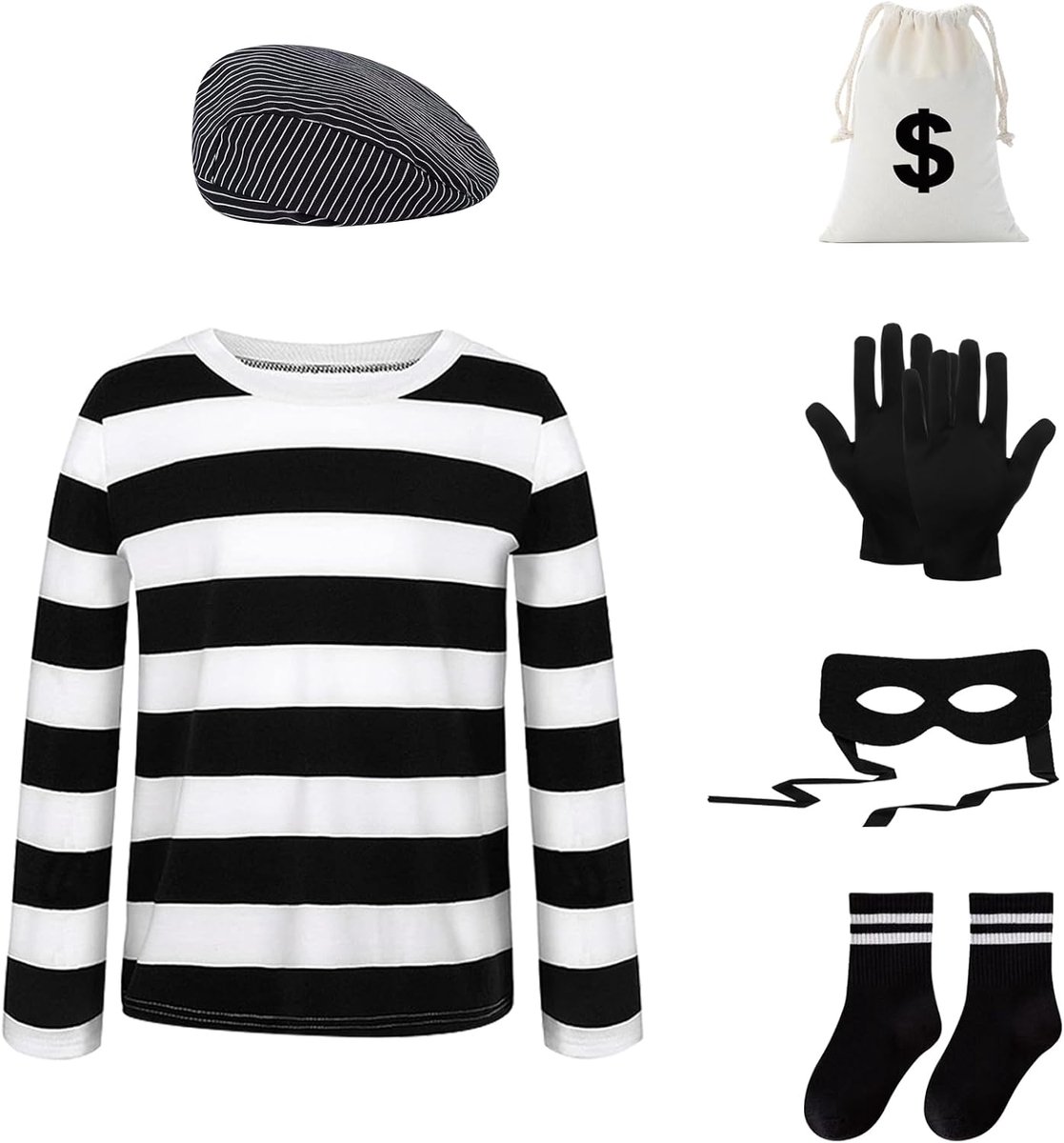 6 stuks, Halloween-kostuum, roverkostuumset met gestreept T-shirt, barets, oogmasker, swag zakken, handschoenen, kousen, diefkostuum voor Halloween, carnaval, feest