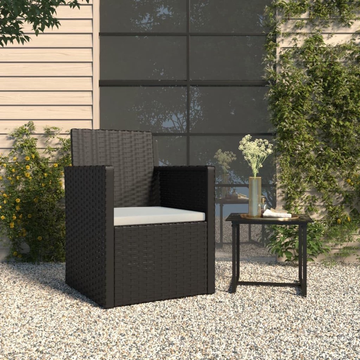 Tuinstoel met kussen, zwart, polyrotan met stalen frame