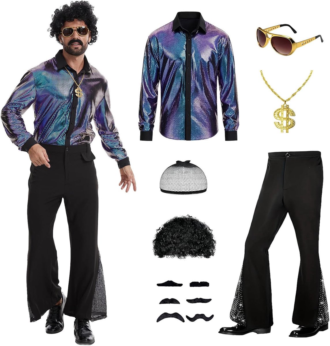 Jaren 70 disco kostuum 7 stuks fancy dress up retro heren
