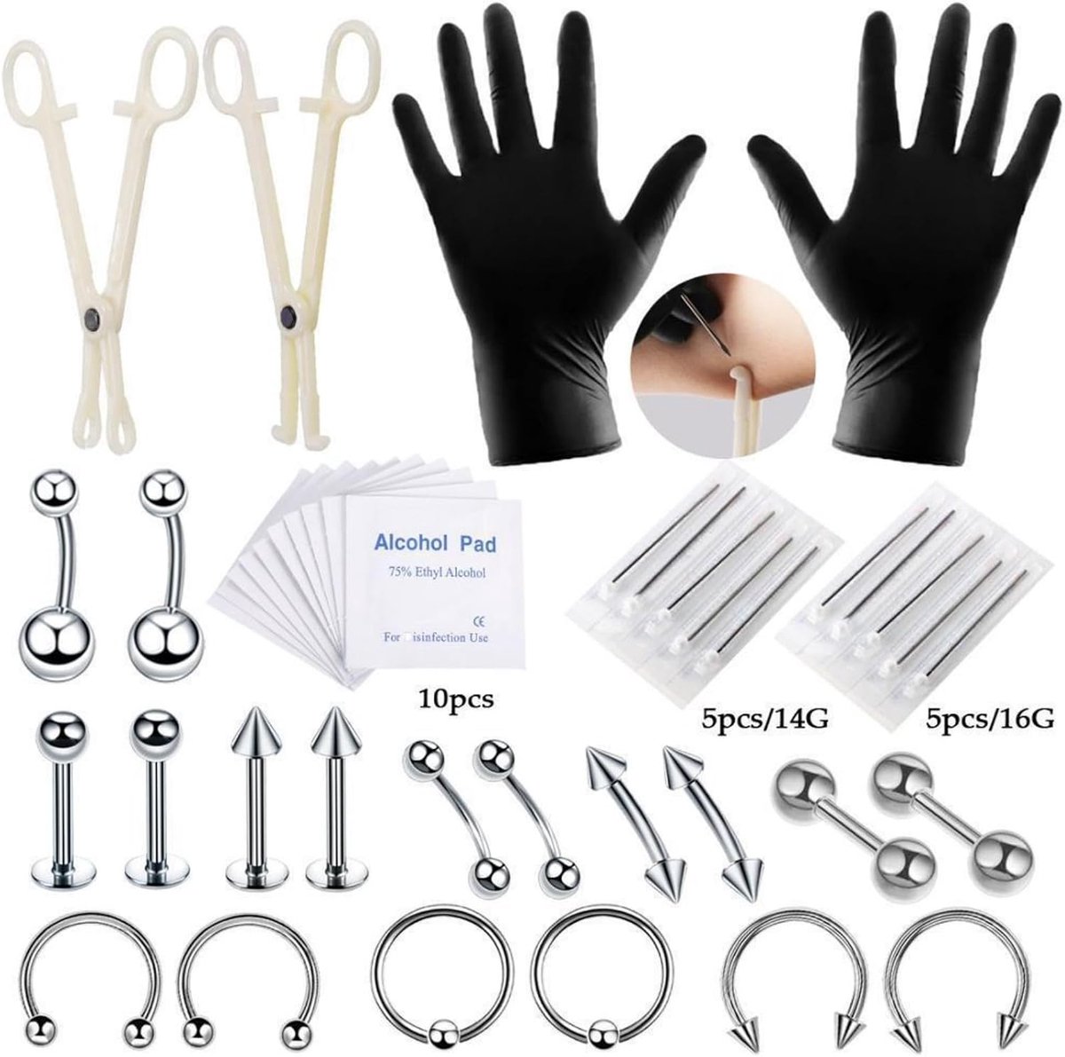 Set van 20 tong, neus, buik, knopen, lichaamssieraden, piercing, ringen, pincet, handschoenen, naalden, gereedschapskit, lichaamspiercing