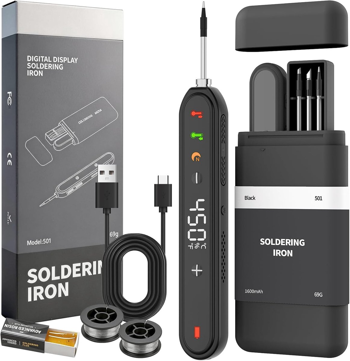 soldeerboutset, snel opladen via USB-aansluiting, instelbare temperatuur 180 ℃-450 ℃, 1600 mAh, 3 soldeerpunten, soldeerdraad, soldeerpasta voor elektronica-reparaties en