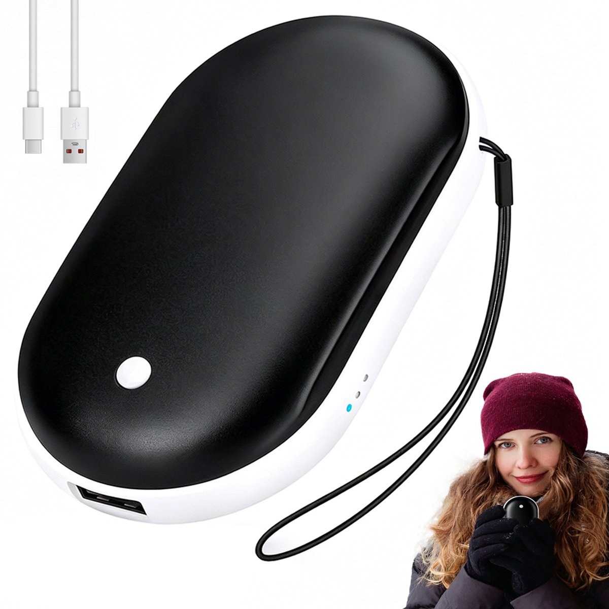 Elektrische handwarmer - Pebble handwarmer - Met powerbank - Winterwarmte - Dubbelzijdig snel verwarmend - 5200 mAh - Type-C-poort - Ondersteunt telefoon opladen - Metalen behuizing - Inclusief draagkoord en opbergtas - Perfect cadeau - Zwart