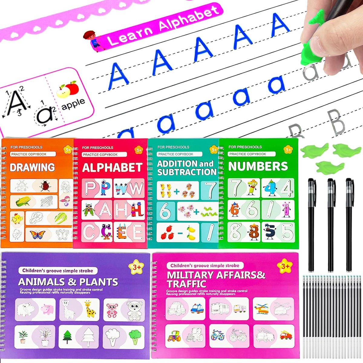Set van 6 magische schrijfoefeningen met groeven, set met 6 schriften, 20 vullingen, 3 pennen, herbruikbaar leeractiviteitenboek, schrijfoefenschriften voor kinderen jaar