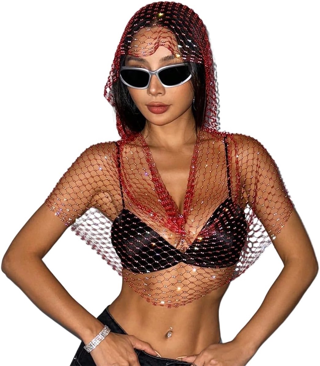 Mesh tops voor vrouwen, sexy capuchon shirt uitgehold tops party clubwear bikini crop top