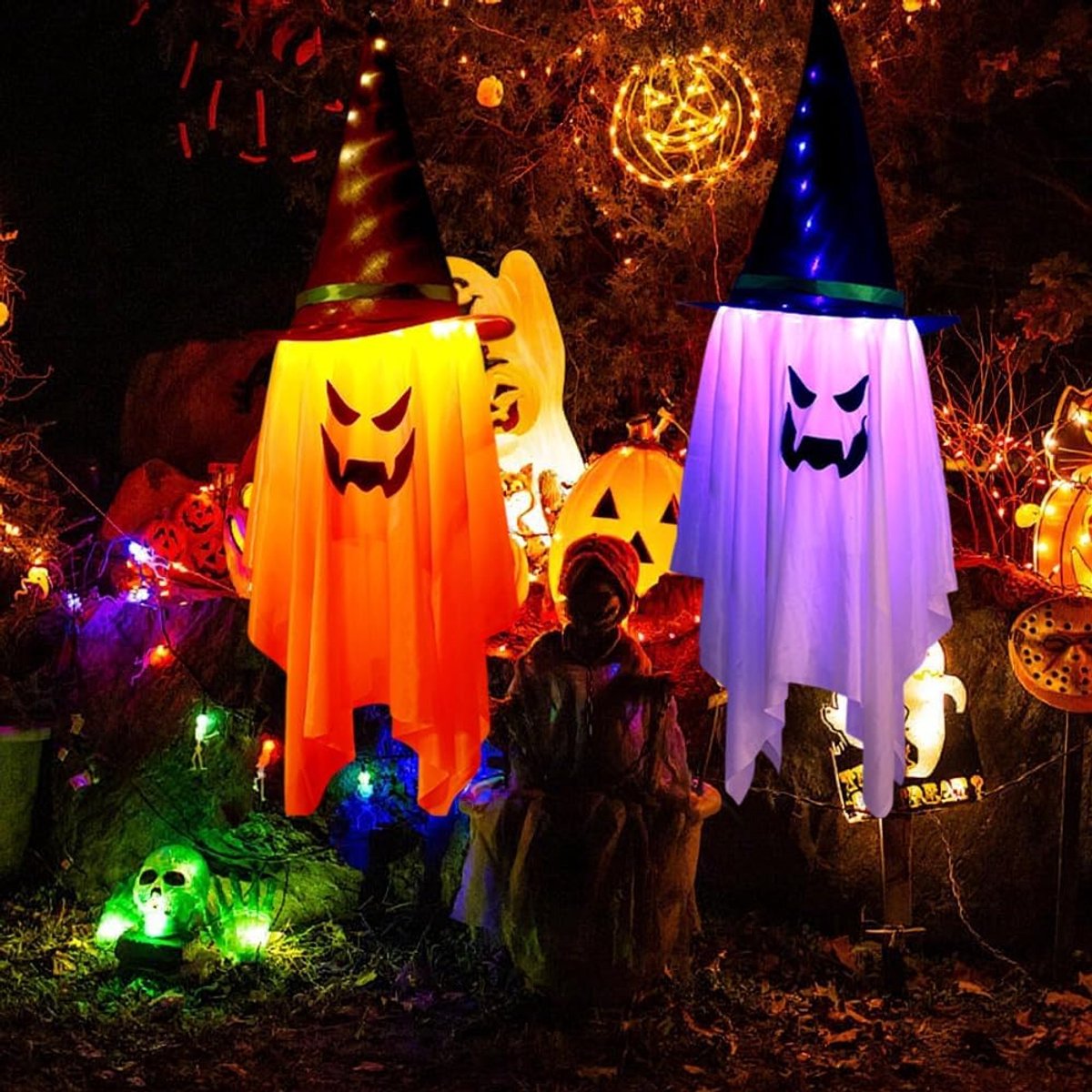 Spook om op te hangen, horror, 2 stuks hangende spoken met heksenhoed, hangende geest, Halloween-decoratie, voor feest, tuin, binnenplaats, boom
