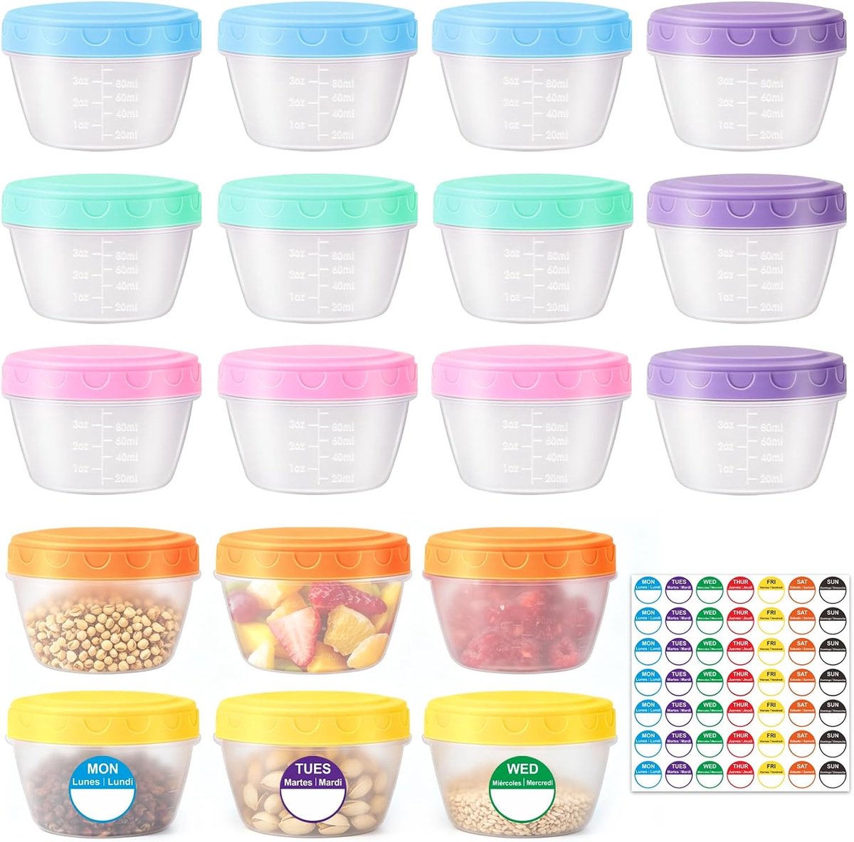 18 stuks diepvriesdozen klein met maatschaal, 120 ml, 6 kleuren