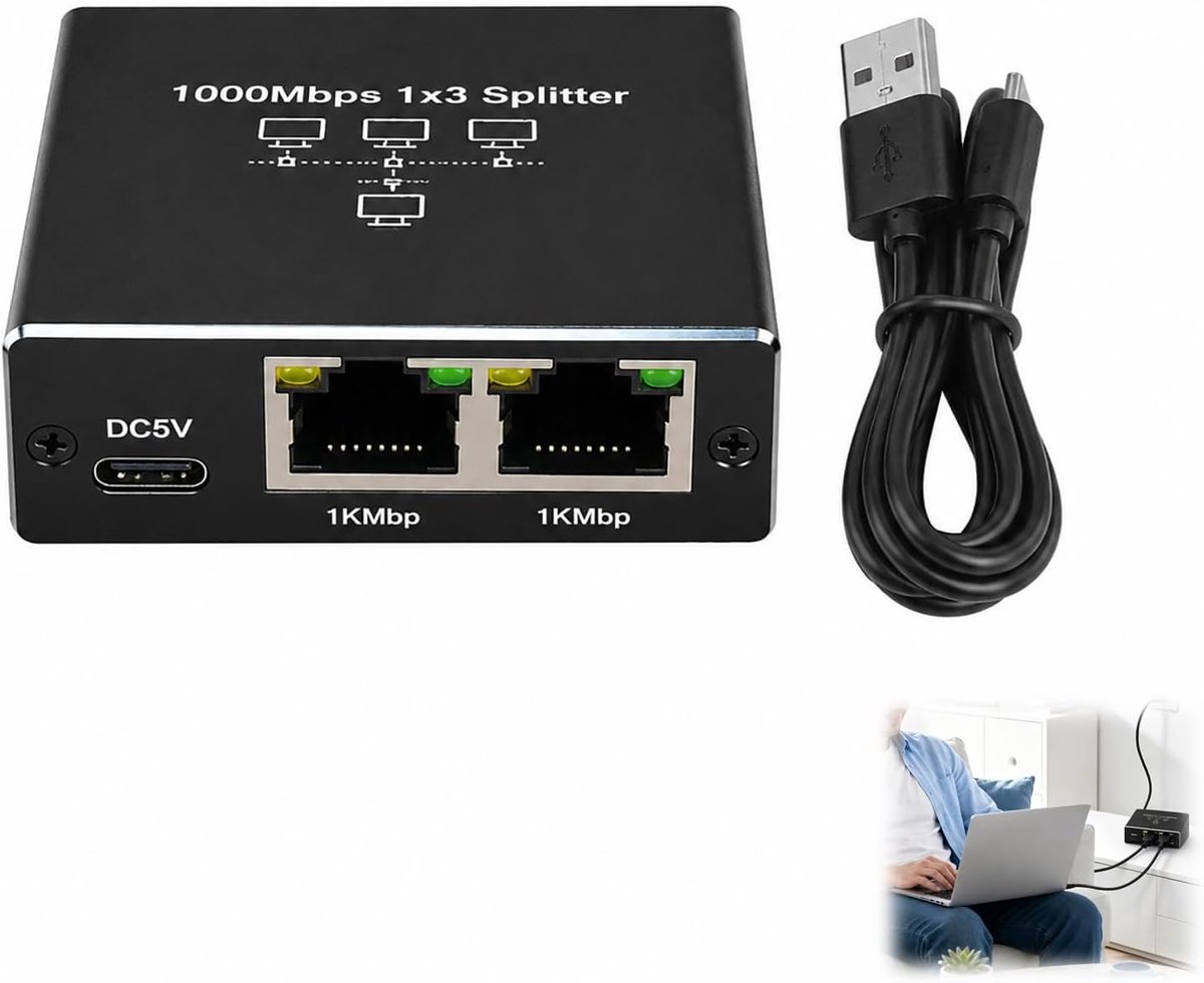 3 poorten, ethernetsplitter 1 naar 3, 1000 Mbps, LAN-splitter, multipoort, USB-voeding, Gigabit netwerkadapter, voor pc, router, tv, decoder, compatibel met Cat5, Cat6, Cat7, Cat8