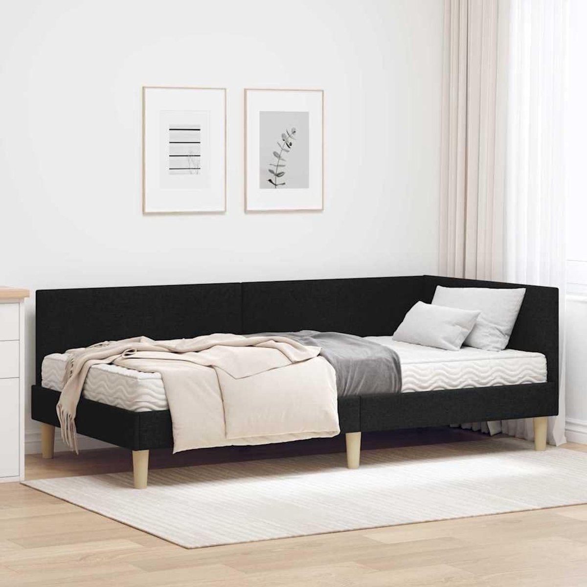 Stof hoekbed met matras muurmontage hoofdbord minimalistisch zwart 100x200