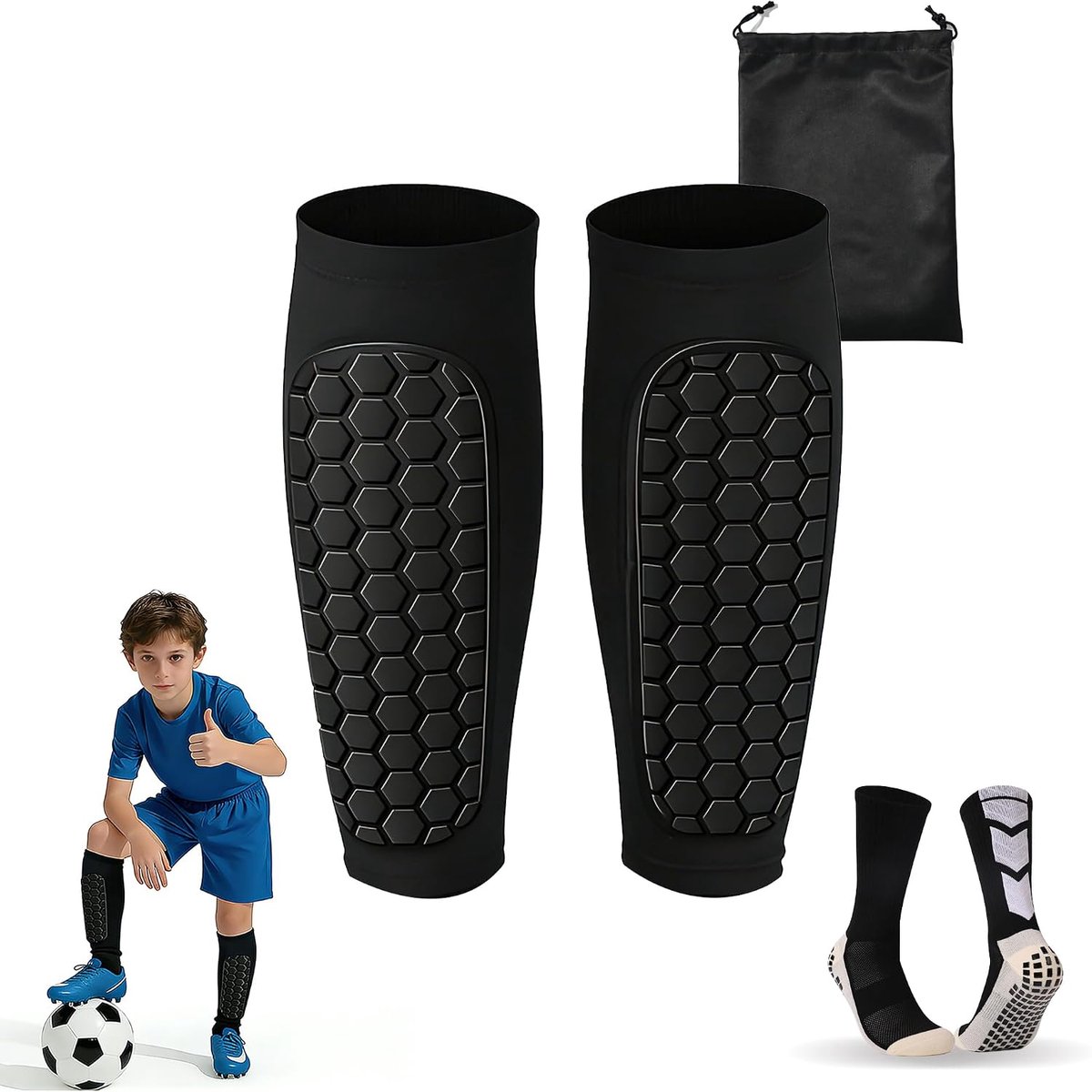 Scheenbeschermers voor kinderen, nieuw voor voetbal, kindervoetbalpads, inclusief voetbalsokken en opbergzakken, schokbestendig, voor jongens en meisjes