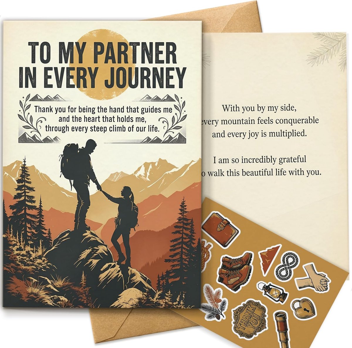 Bedankkaart voor echtgenoot, romantische liefdeswenskaart voor partner, vriend, echtgenote, vintage bergavontuurkunst, standaard A5-formaat, dubbelzijdige print, envelop en sticker