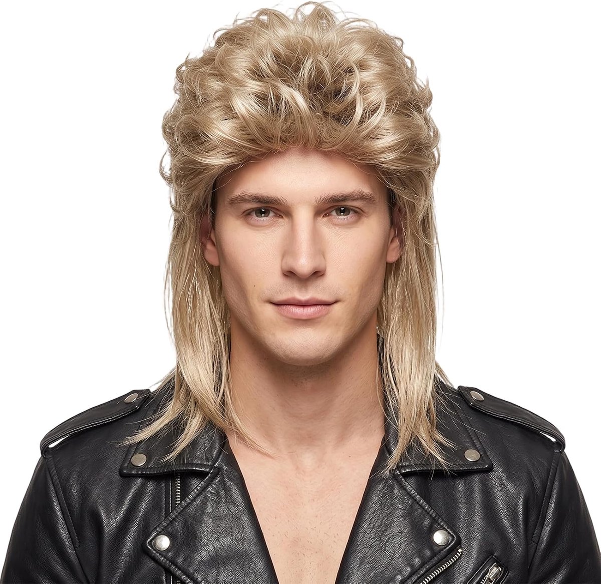 Pruik voor heren, voor jaren 80/90-outfit, blonde rocker-pruik voor carnaval, retro feestkostuumaccessoires, Mullet pruik voor bad taste en themafeest
