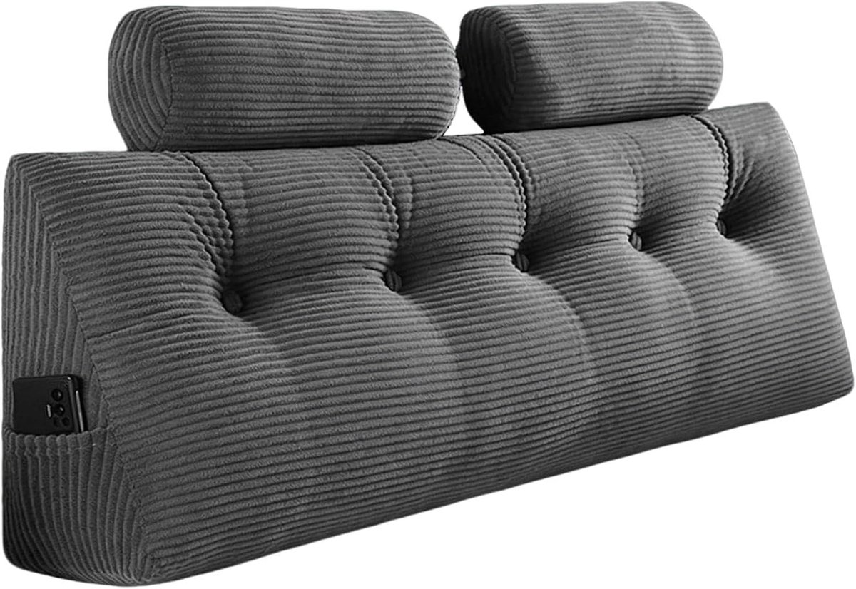 120 x 50 x 20 cm wandkussen met rond kussen, groot wigkussen, rugkussen voor bed en bank, met wasbare kussensloop en praktisch zijvak, ergonomisch bankkussen voor lezen en werken