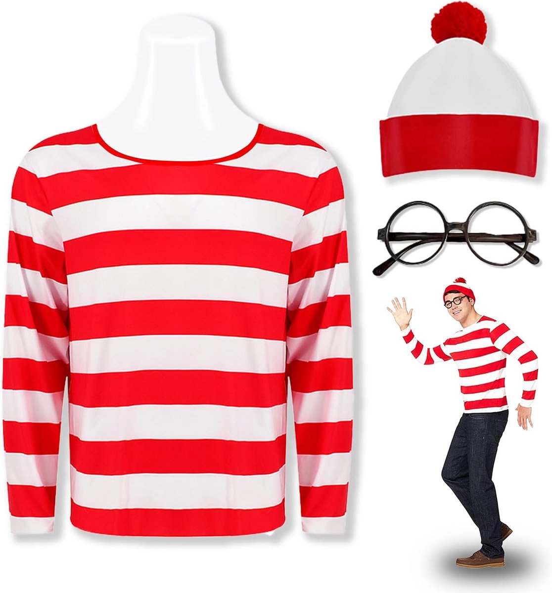 Wally kostuum, hoge hoed bril sokken kostuum set, rood en wit top frisser kostuum wereld boek dag kostuums carnaval
