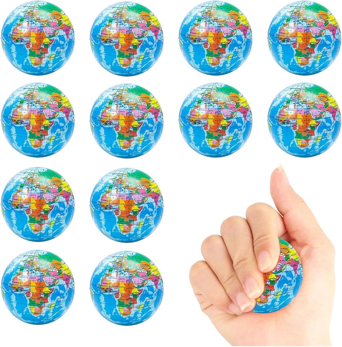12 stuks anti-stress speelgoedballen, wereldbolpatroon, stressbal, stressbal, voor stressvermindering, speelgoed voor kinderen en volwassenen, gastgeschenken voor kinderverjaardag