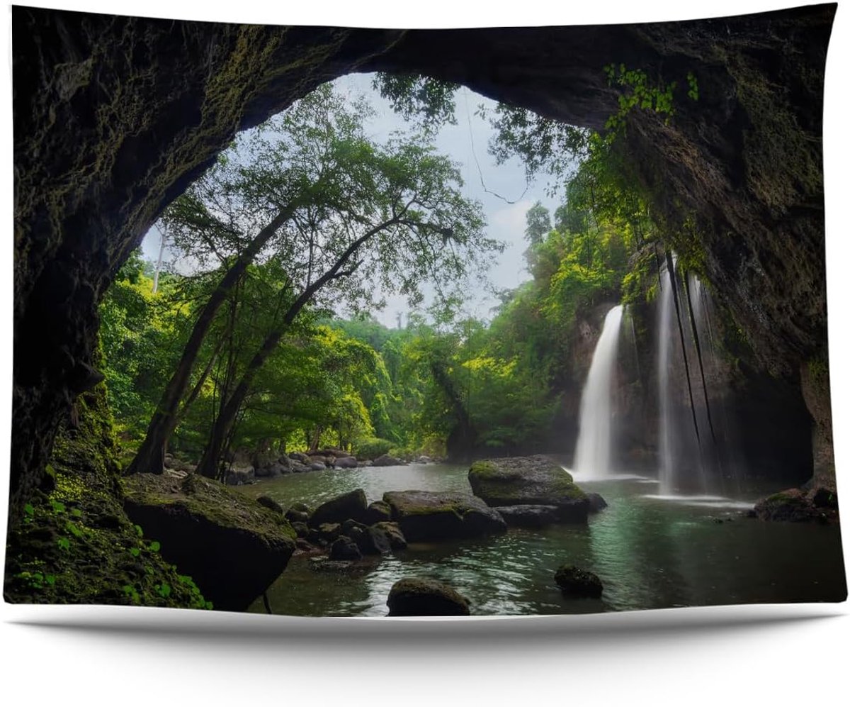 Wandtapijt, waterval, bomen, natuur, wandtapijt poster: 200 x 150 cm, tuinposter, groot wandtapijt, decoratief accessoire voor tuin en woonkamer