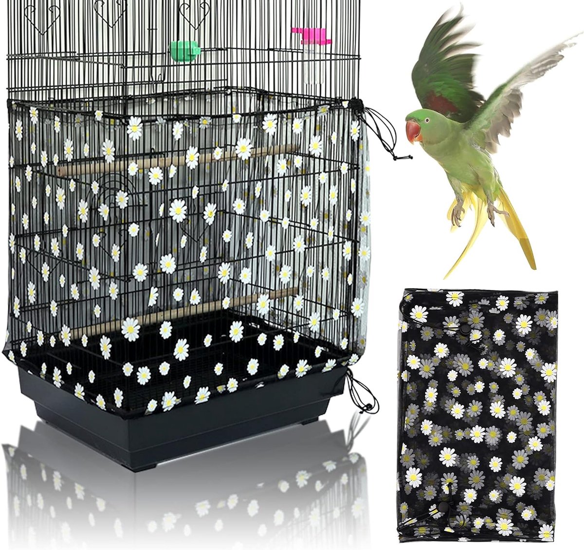 Vogelkooihoes, vogelkooi zaadvanger, zacht nylon gaas net met madeliefjespatroon, vogelkooihoes, rok, zaadbeschermer voor papegaai, parkiet ara ronde vierkante kooien (zwart)