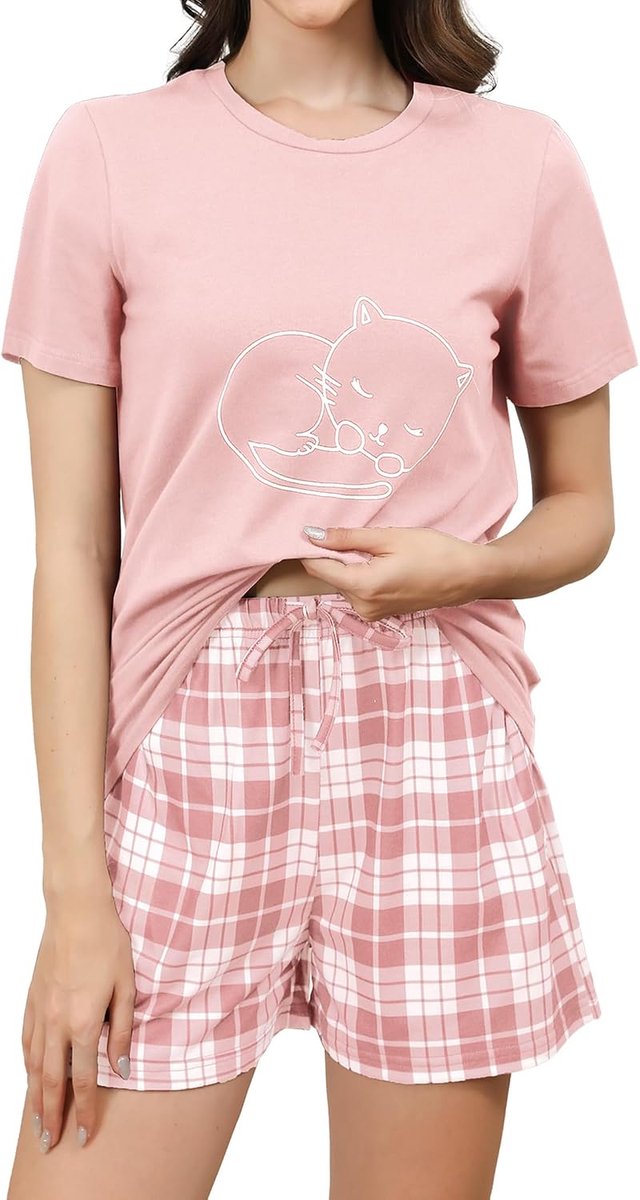 Pyjama's Dames Korte Katoenen Nachtkleding met Korte Mouwen Tweedelige Zomer Set met T-Shirt en Pyjamabroek Loungewear