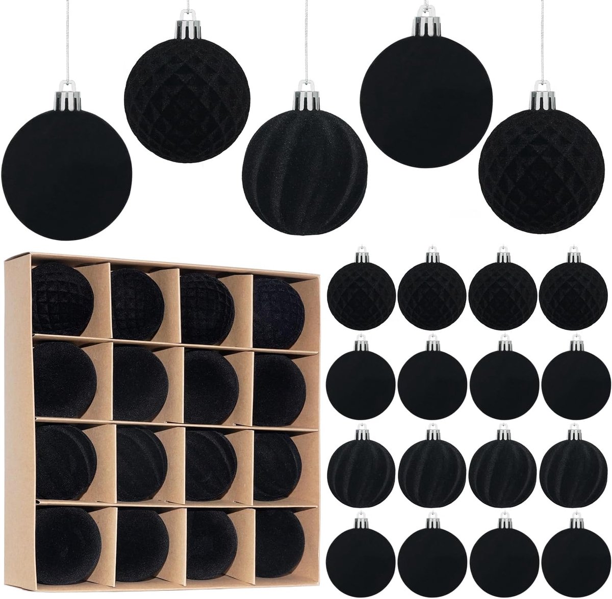 Kerstballen Hangende Ornamenten Set, Voorgebonden Onbreekbare Plastic Beflierde Kerstballen Kerstdecoraties Festival Vakantie Feestdecoratie (Zwart, 6 cm)