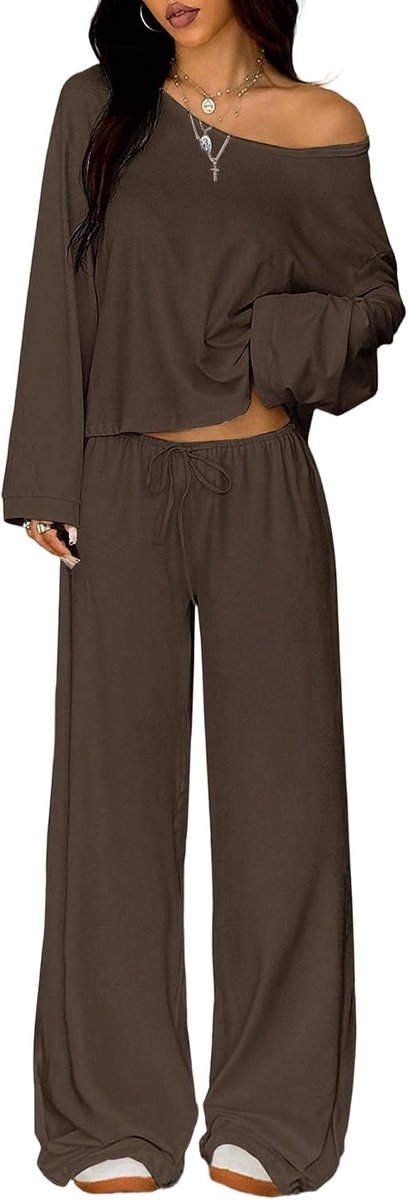 Loungewear voor dames, Co Ord met top en wijde pijpen, gebreide twee-weg halslijn voor thuis en op reis