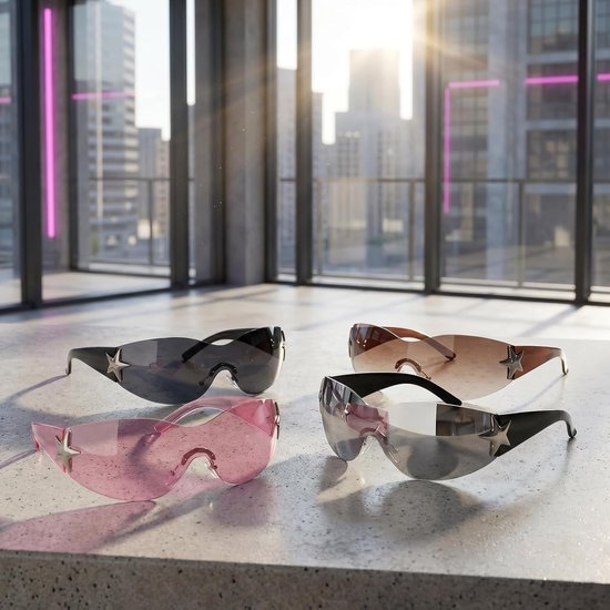 Zonnebrillen Y2K Wrap Around voor dames en heren, frameloze, mode met ster, oversized glazen, voor buiten — afbeelding 4