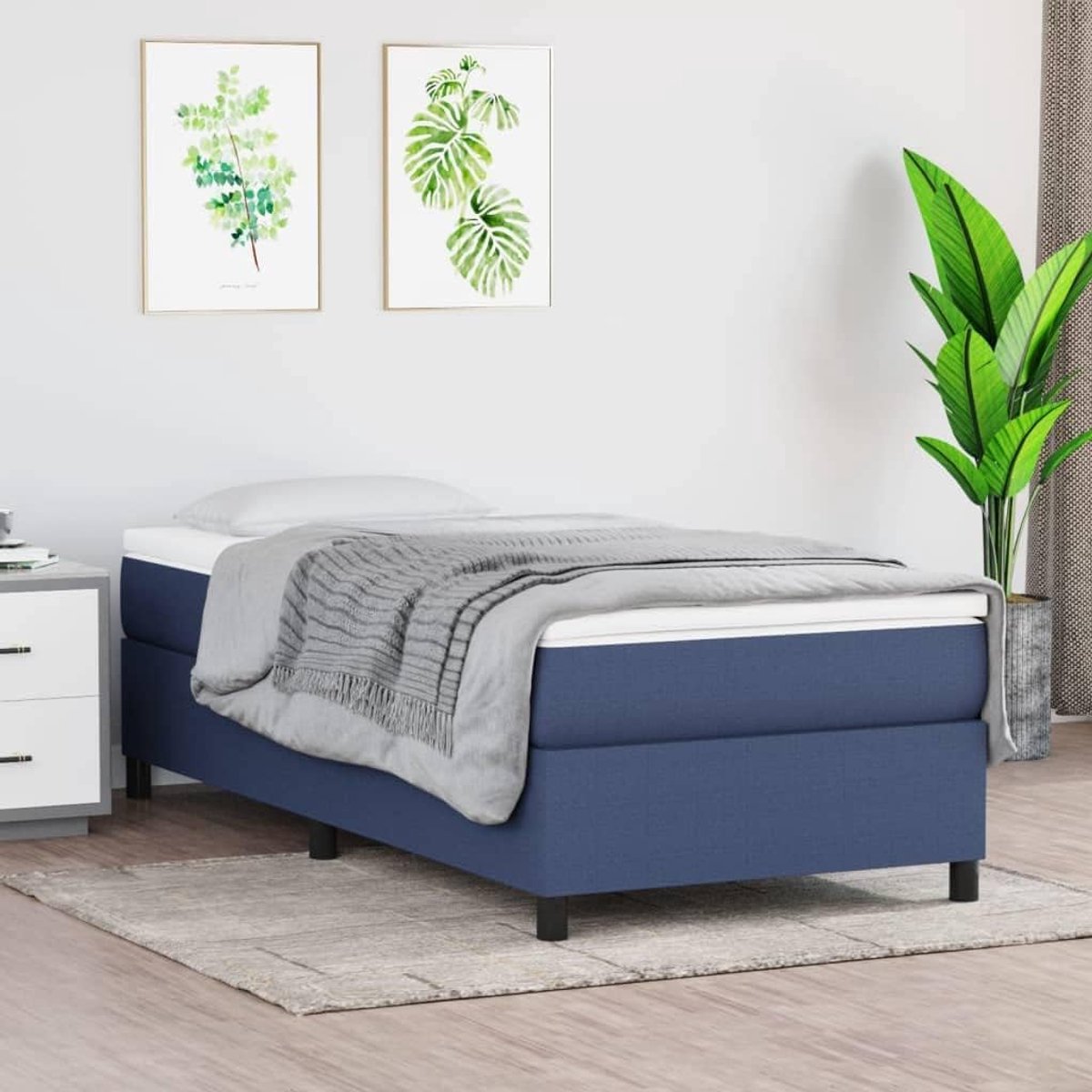 Bed 90x190 cm stof blauw met stevige poten en multiplex lattenbodem voor stabiliteit en ventilatie, ideaal voor kleine slaapkamer en logeerkamer, onderstel zonder matras