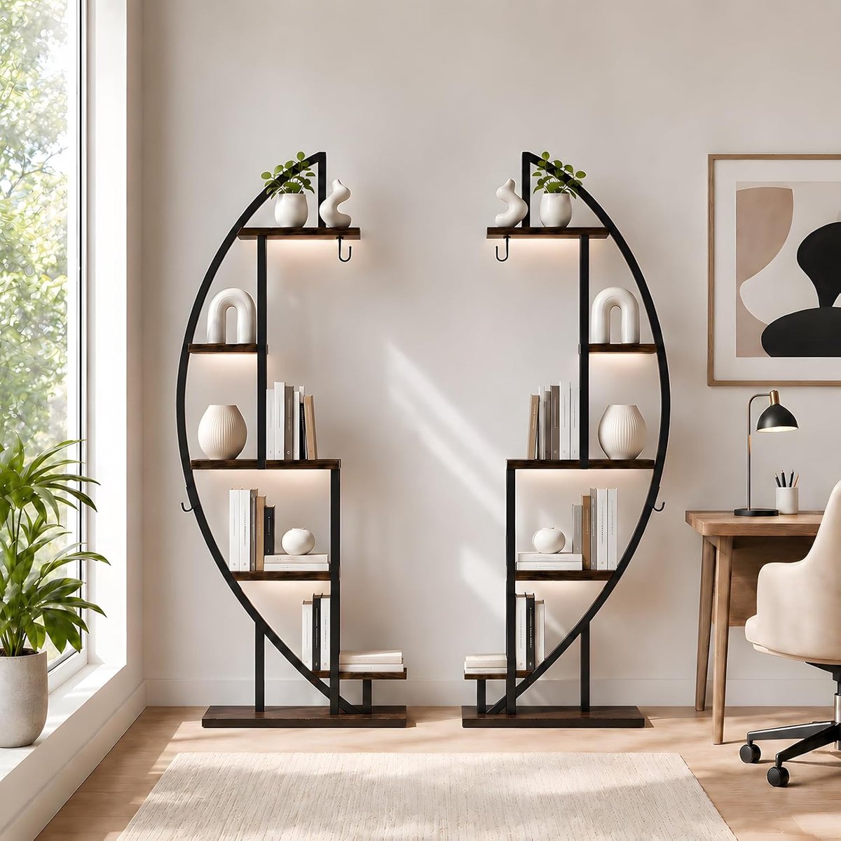 Set van 2 Industriële Hoekrekken met LED Licht – Grote Modulaire Ronde Boekenkast, Set Symmetrische Opbergmeubels voor Woonkamer en Kantoor, 2x 160 cm