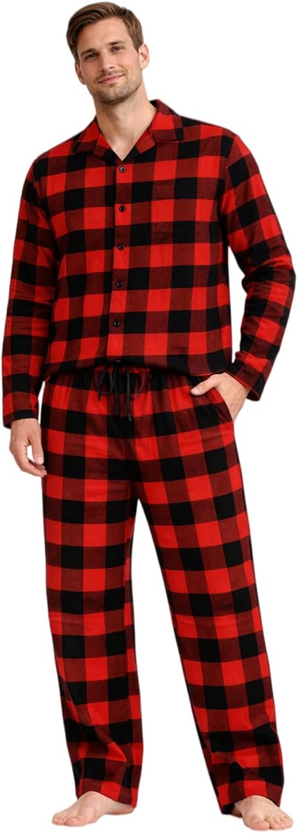 Flanellen Pyjamaset 100% Katoen, Geruit, Lang Shirt met Knopen & Broek met Zakken Winter Nachtkleding