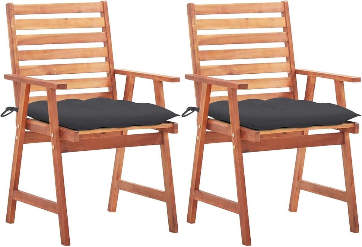 2 stuks tuin-eetstoelen met waterdichte kussens, tuinstoelen, balkonstoel, terrasstoel, armleuning, rugleuningstoel, terrasstoel, tuinstoel, tuinmeubelen, massief acacia