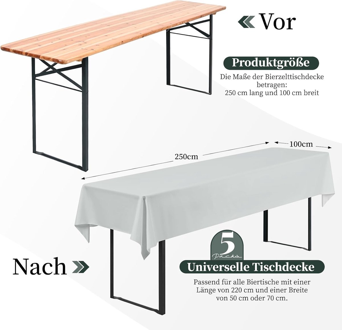 Tafelkleden, universeel, voor biertafels van 50 cm en 70 cm, ondoorzichtige polyester biertafelhoezen, rechthoekige tafelkleden, wasbaar, 250 x 100 cm, lichtgrijs