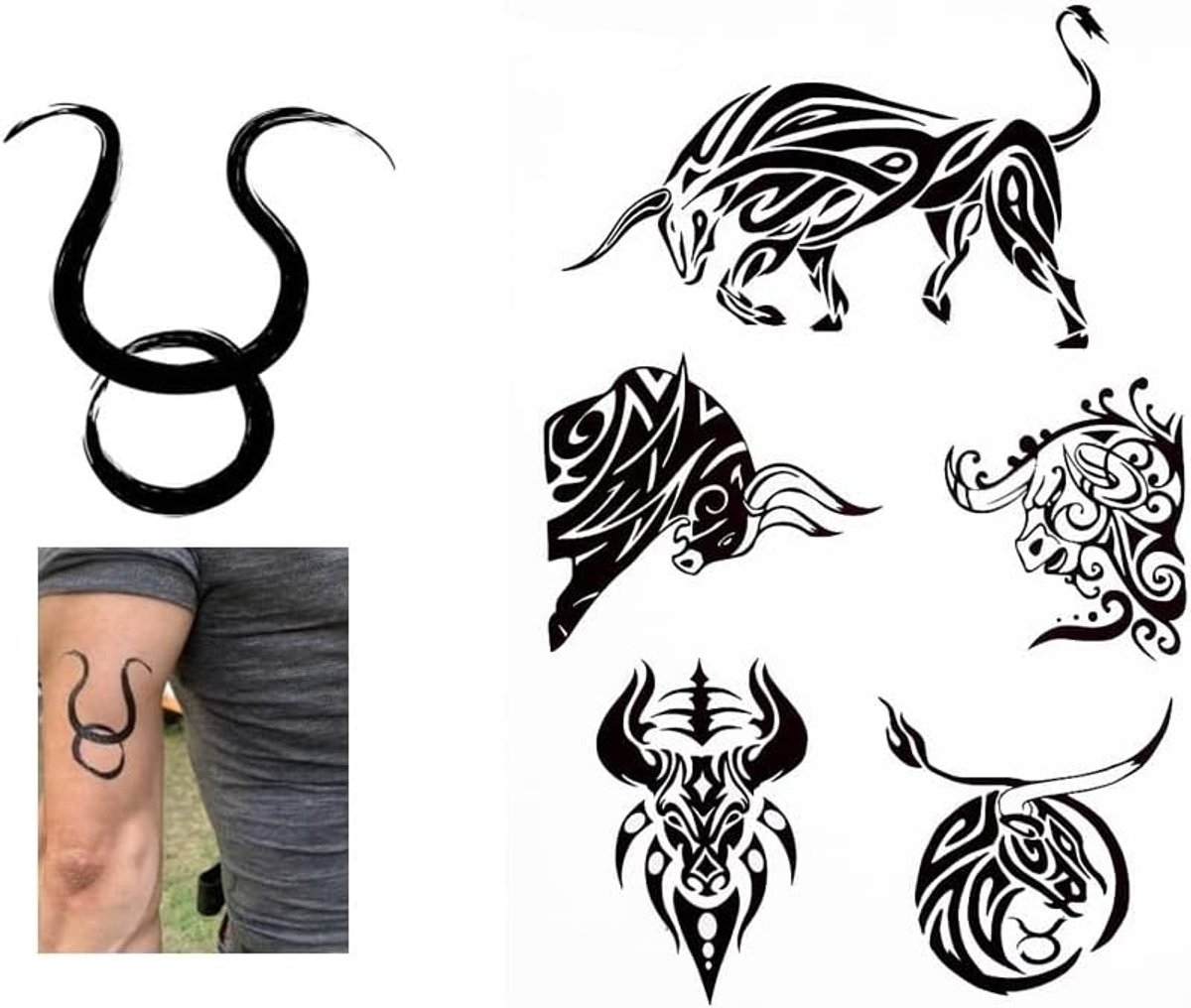 Tijdelijke tribal-tattoo met stier-design, 2 vellen, zwart, waterbestendig, stam, dier, sterrenbeeld Stier, kleeftattoo, J503