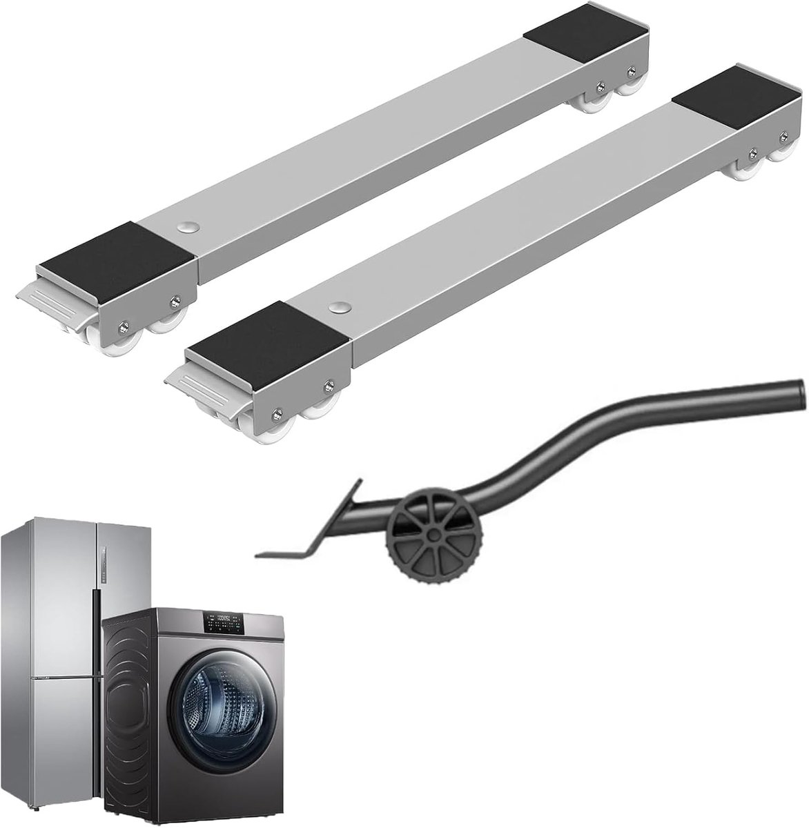 2 stuks wasmachine-onderstel transportwagen met hulpbrekstang, 46,5-72 cm uittrekbaar, 28 wielen, voor wasmachines, drogers, koelkasten, meubels, eenvoudig transport (zilver)