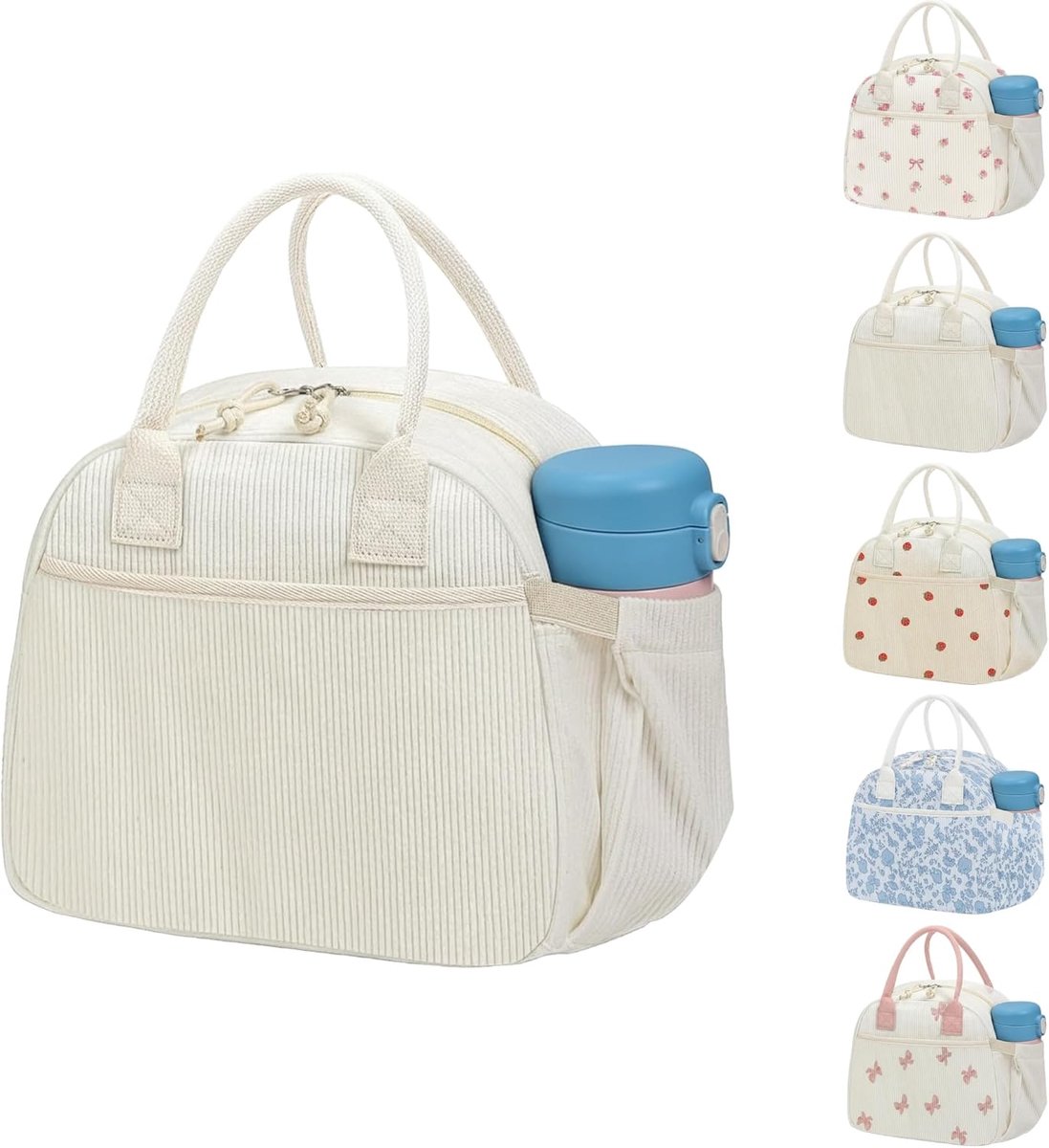Geïsoleerde corduroy lunchtas voor vrouwen, herbruikbare thermische voedseldoos met zijvak, lekvrije draagtas met grote capaciteit voor werk picknick - gebroken wit
