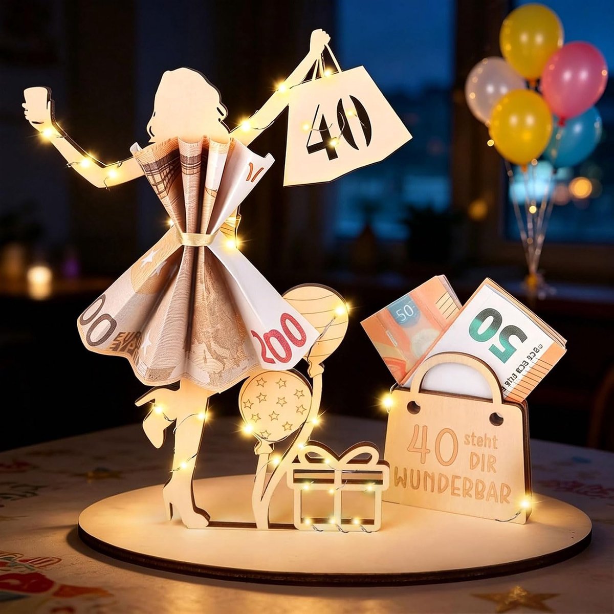 Verjaardag 40e verjaardag vrouw decoratie, houten gastenboek met led-lichtketting, gepersonaliseerde geschenken voor 40e verjaardag vrouw, creatief geldcadeau, bruiloft tafeldecoratie