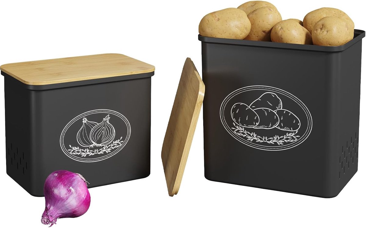 Aardappelopbergdoos, set van 2, grote kunststof opbergdozen voor aardappelen, uien, knoflook, stapelbare aardappelbox, bewaren in de keuken met versheidsventilatie, zwart