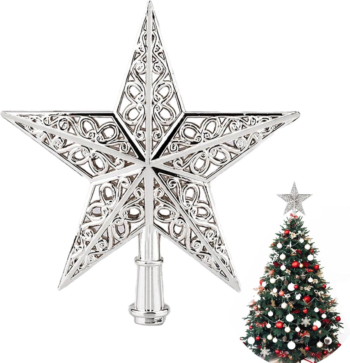 ster voor de kerstboom, glitter, kant voor kerstboom, boompiek, onbreekbaar, voor algemene grootte, zilverkleurig