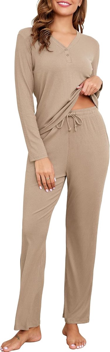 Pyjama voor dames, lang, pyjamaset, winter, tweedelig huispak, katoen, ribben, effen, loungewear, behaaglijke nachtkleding, warm, geribbeld, slaapkleding, vrijetijdsoutfit, 2-delige set