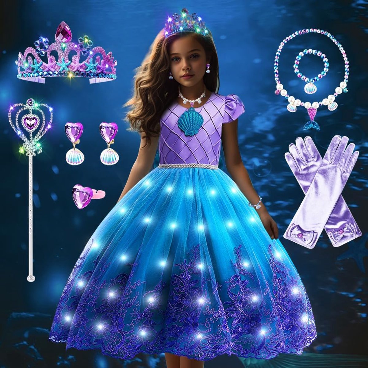 Prinsessenjurk voor meisjes, zeemeermin, led-kostuum, prinses, meisjes, lichtgevend, zeemeermin, kostuum voor kinderen, met kroonhalsketting, prinsessenjurk voor Halloween, carnaval, party,