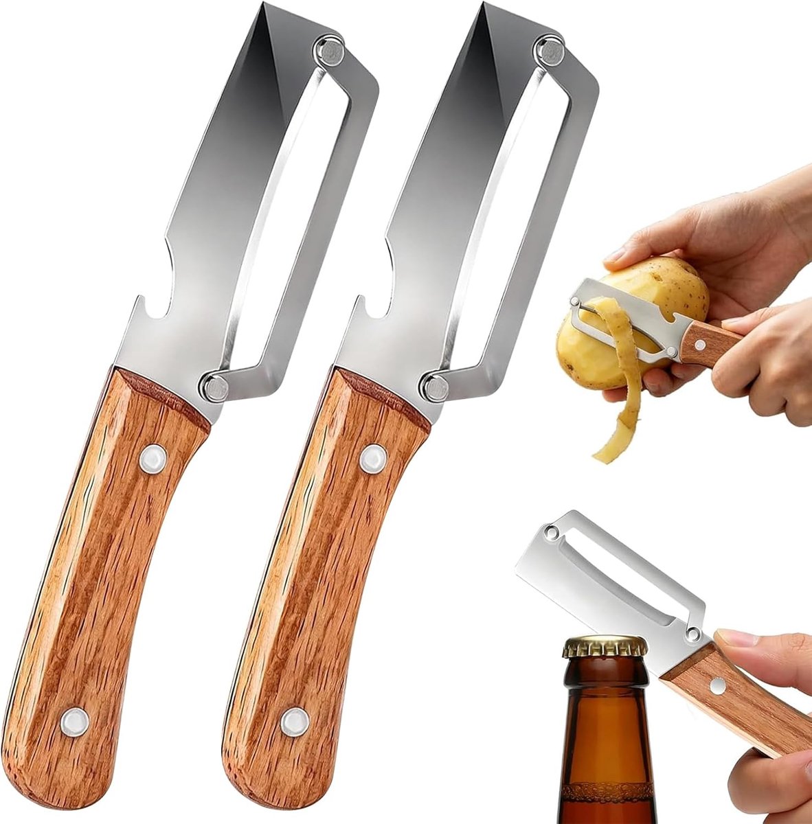 2 stuks groenteschiller, spaardunschiller met geïntegreerde flesopener, roestvrij staal, multifunctionele dunschiller met houten handvat, aardappelschiller voor groenten, fruit en meer