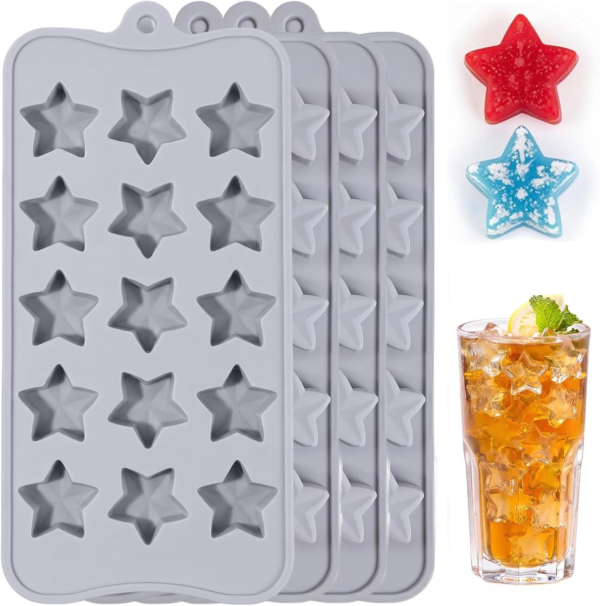 4 stuks stervormige ijsblokjesvorm, siliconen, 15 sterren, grijs, ijsblokjesvorm, chocoladevorm, chocoladevorm, siliconen ster, bakvorm voor koekjes, gelei, ijsblokjes, taartdecoratie (21 x 11 cm)
