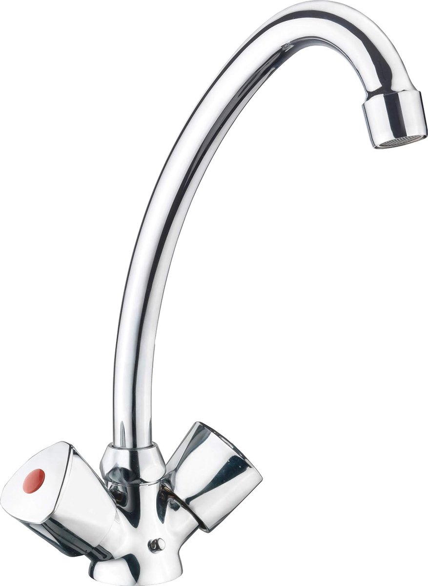 Verchroomde gootsteenkraan van messing met hoge draaibare uitloop en twee hendels voor koud en warm water