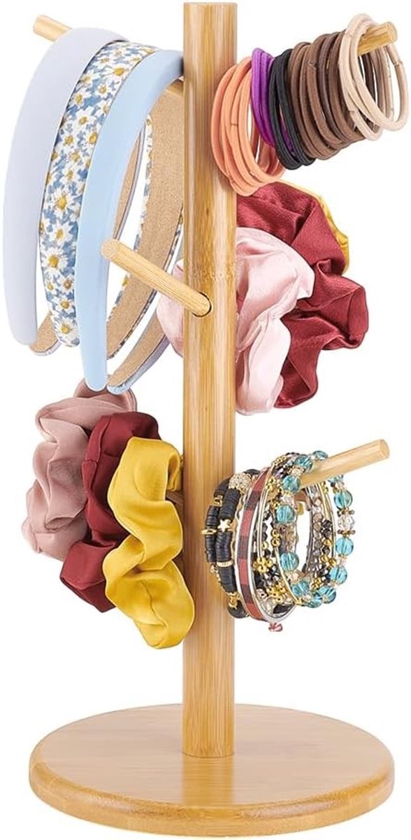 Houten Haarbandhouder en Organiser voor Haaraccessoires, Draagbare 6-Punts Sieradenstand voor Slaapkamer en Keuken, 34.5 x 16 cm