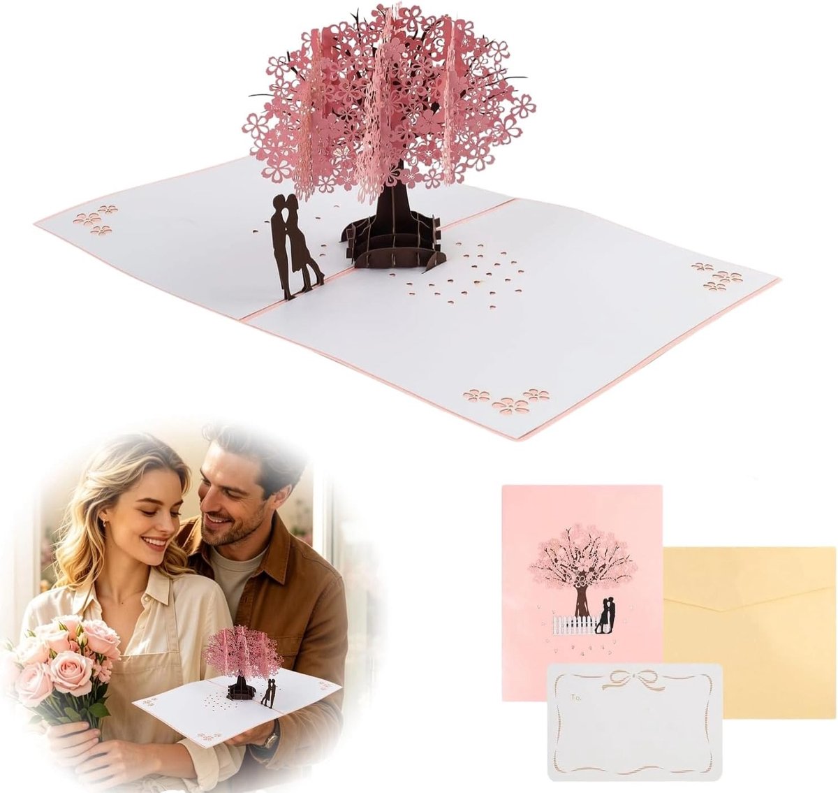 3D pop-up kaart, liefdesboom, Sakura-boom, 20 x 15 cm, romantische wenskaart met kussen paar, cadeaukaart voor bruiloft, verjaardag en Valentijnsdag