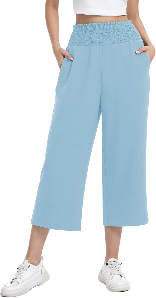 3/4 culotte broek elastische hoge taille zomerbroek | lichte driekwart capribroek met wijde pijpen en zakken