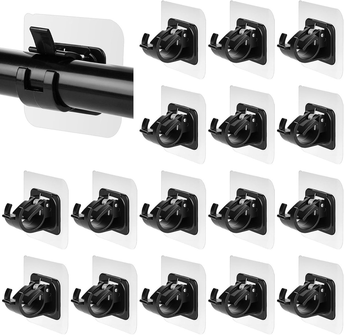 16 stuks gordijnstanghouders, zelfklevend, gordijnstanghouder zonder boren, gordijnstanghouders, zelfklevende haken voor keuken en badkamer (zwart)