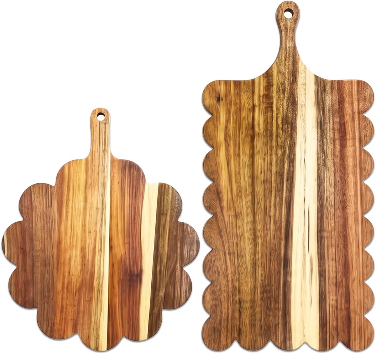 Set van 2 snijplanken van acaciahout, snijplank van hout met handvat, voor worst, kaas, pizza, vlees, fruit, snijplank design
