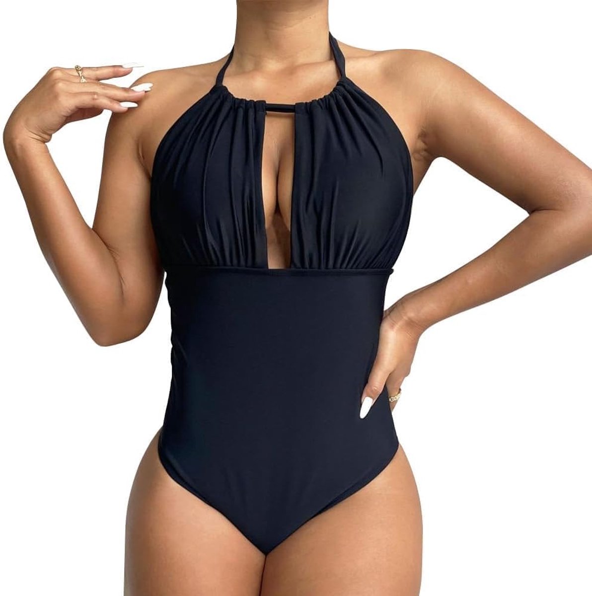 Damen Einteiler Bauchweg Shape Push Up Badeanzug Tiefer V Ausschnitt Drapiert Figurformend Badebekleidung Strand Schwimmbad Urlaub Monokinis Bademode (Schwarz 2XL)