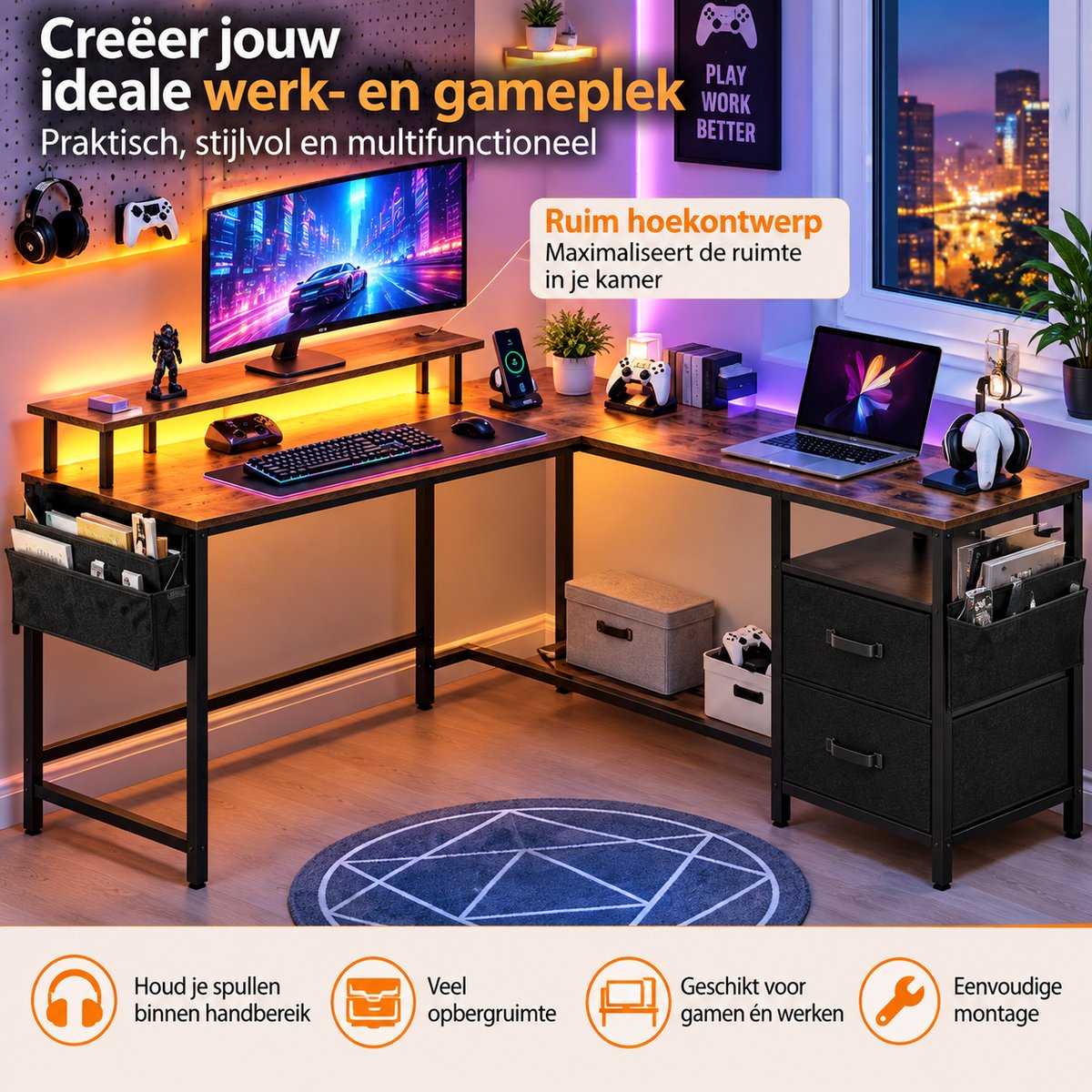 Parasha Nova Bureau - Hoekbureau met opbergruimte, laden, L-vormig gamingbureau met LED-lampen, laden & planken, computertafel, groot gamingbureau met stroomaansluiting