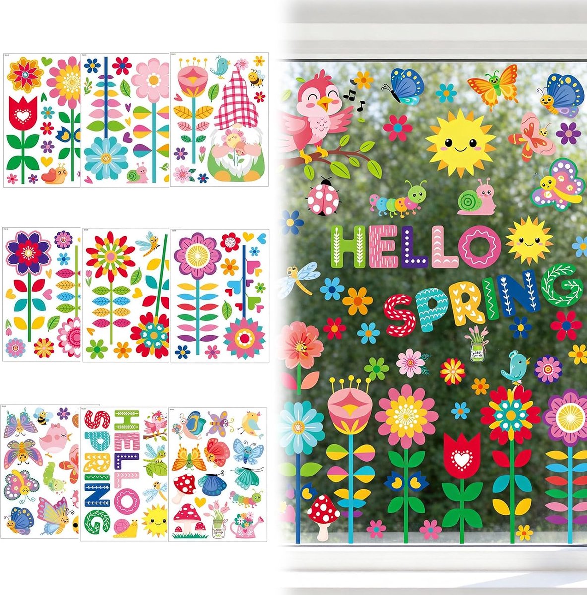 9 vellen lentedecoratie voor ramen, zelfklevend, kleurrijke raamfoto's, lentebloemen en vlinders, raamstickers voor kinderen, raamstickers voor glazen oppervlakken en deuren